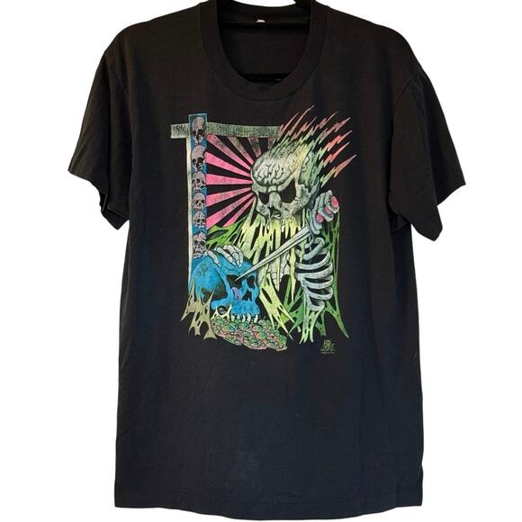 Vintage 80s Skeleton Stabbing Skull Neon Cool Graphic Single Stitch Shirt Large